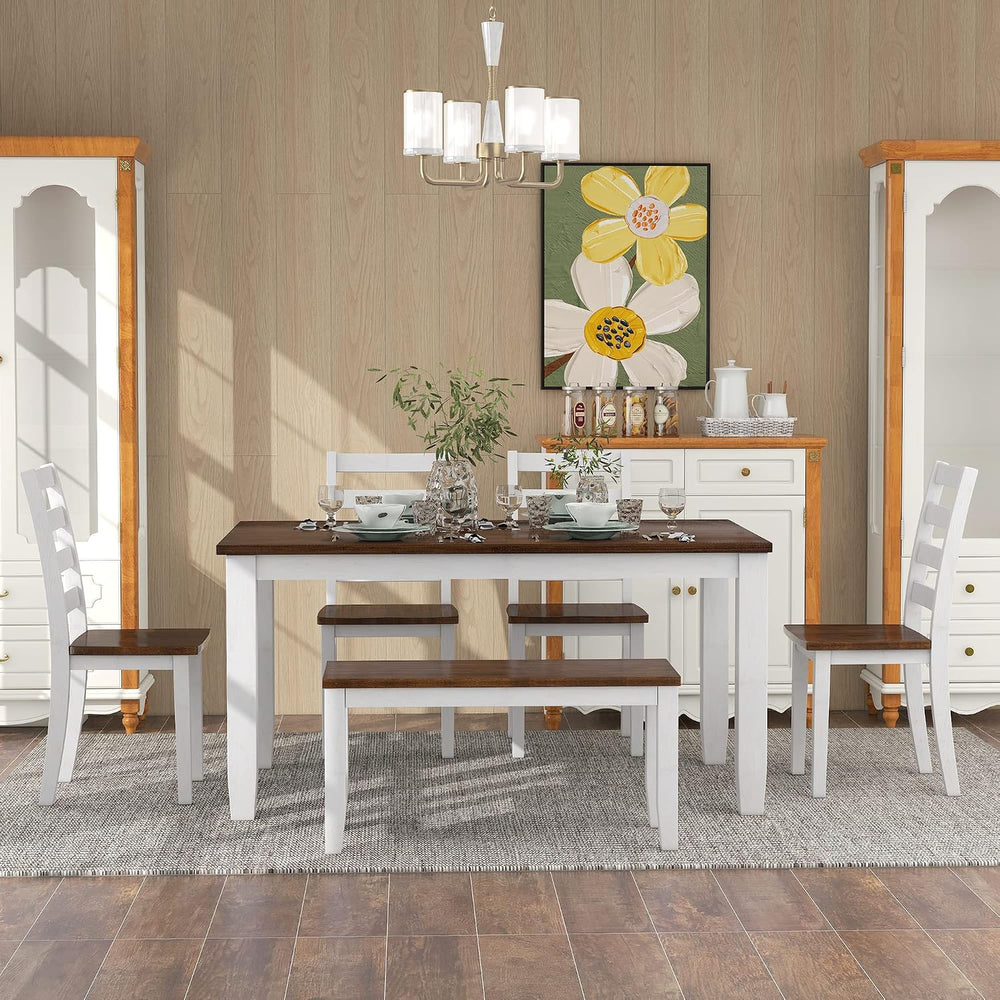 LUMISOL Solid Wood Kitchen Table Set with 4 Chairs & Long Bench, Walnut C...