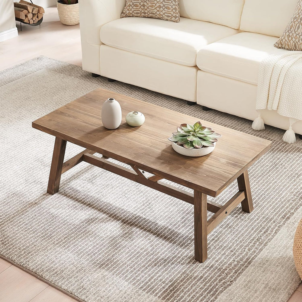 Wnutrees 43" Farmhouse Solid Wood Coffee Table, Rustic Rectangular, Natural