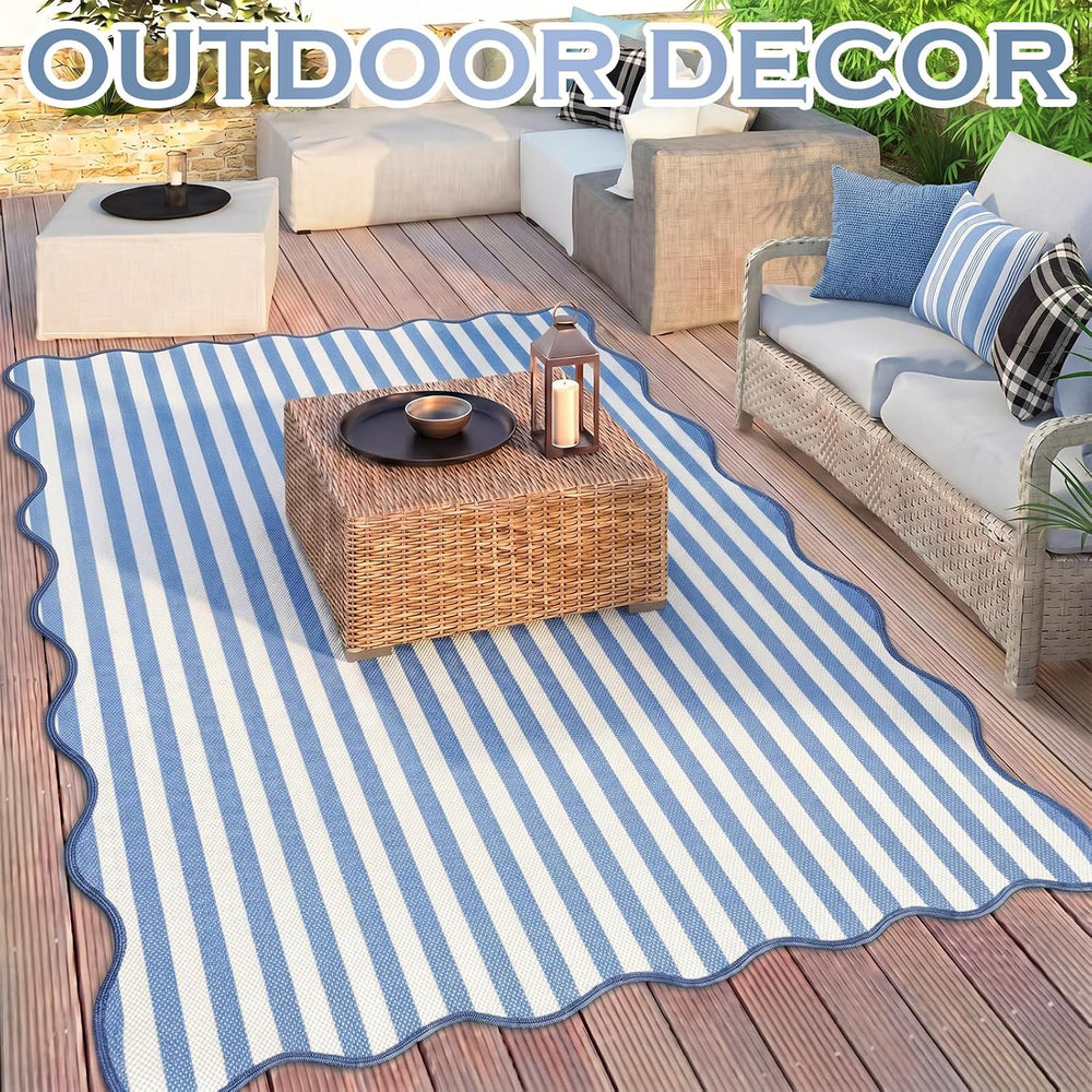 Blue Scalloped Outdoor Plastic Straw Rugs 5x8 ft Reversible Camping Rug Water...