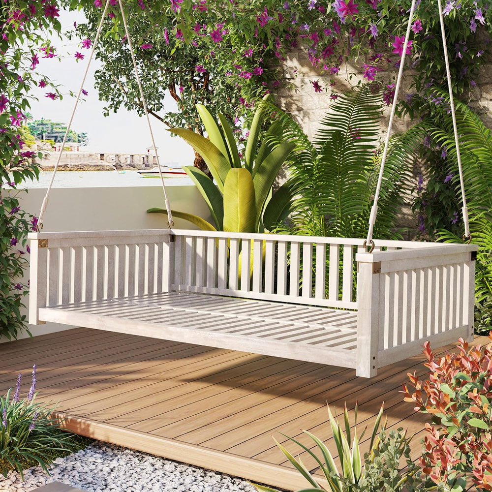LUMISOL Outdoor Porch Swing Bed, Twin Size Acacia Wood Swing Bed Frame with R...