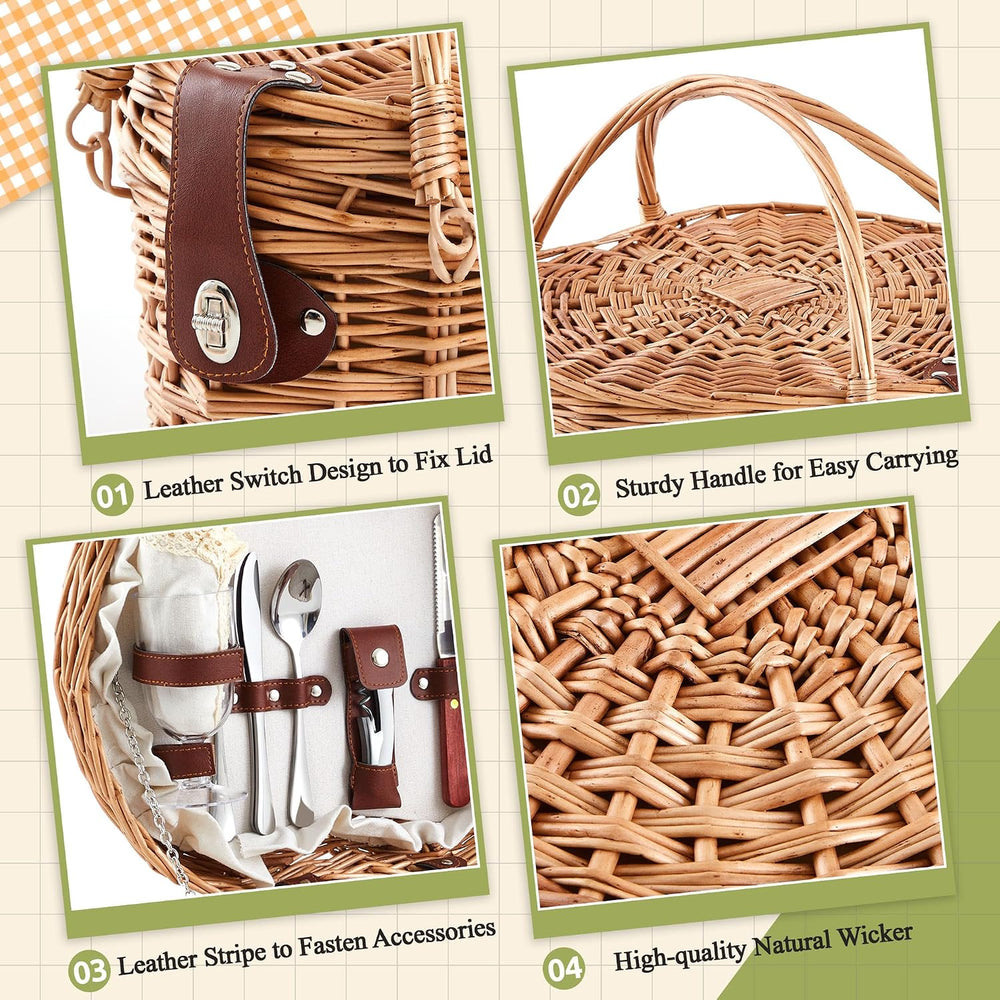 Willinglong Heart Picnic Basket with 2 Person Tableware Set Wicker Picnic Bas...