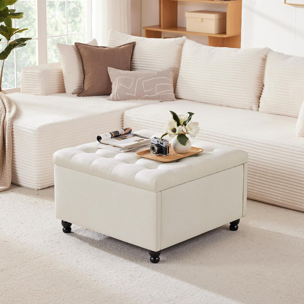 28" Large Square Ottoman with Storage, Fabric Ottoman Coffee Table, Beige