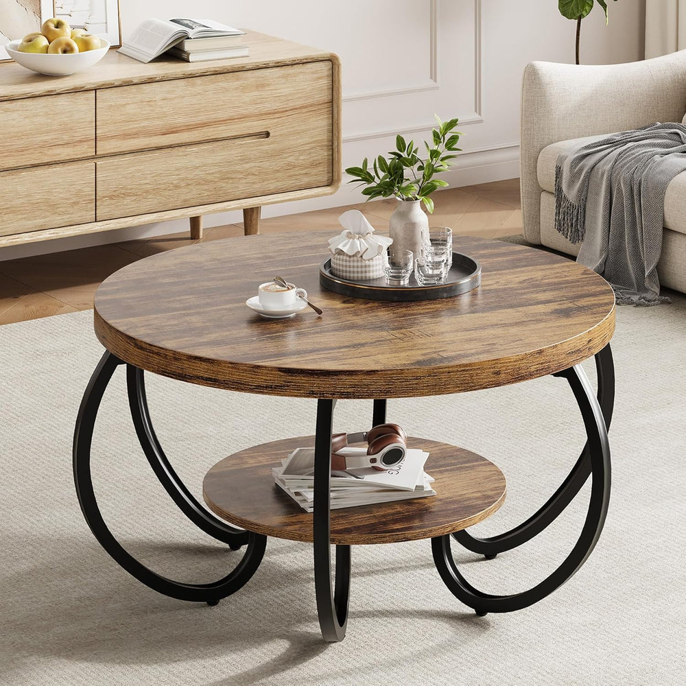 GarveeHome Round Coffee Table 30 in Center Table, 2-Tier Coffee Table Industr...
