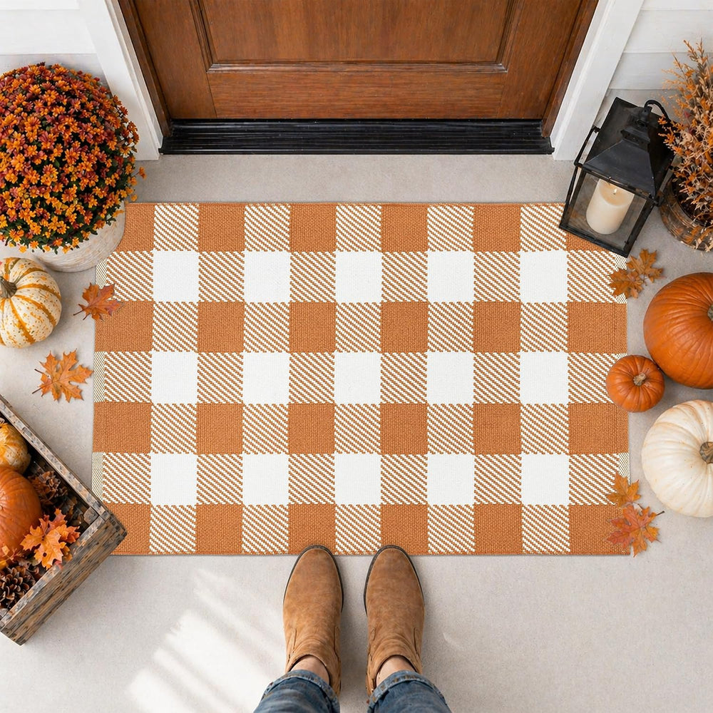 Fall Door Mat Caramel and White Buffalo Plaid Rug 3’x 5’, Washable Layering R...