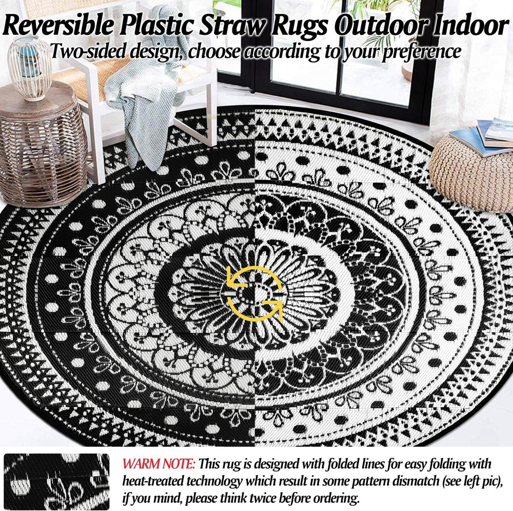 Cekene Round Outdoor Rugs for Patio 8Ft Waterproof Reversible Outdoor Patio R...