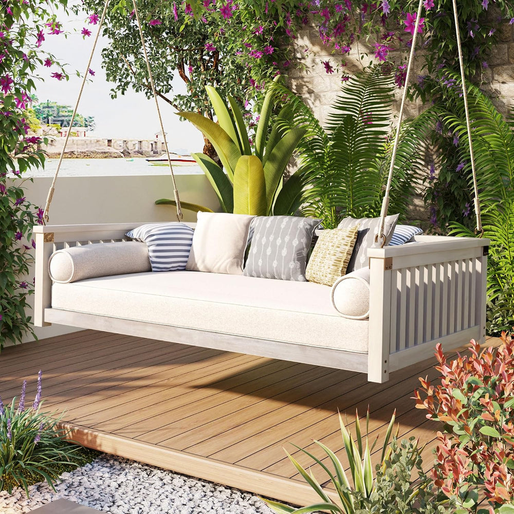 LUMISOL Outdoor Porch Swing Bed, Twin Size Acacia Wood Swing Bed Frame with R...