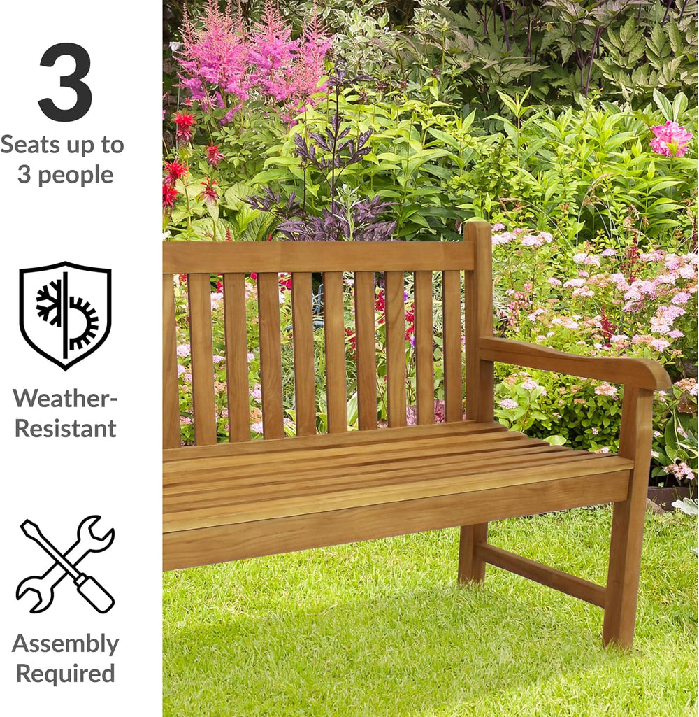 Sunnydaze Wooden Outdoor Teak Bench with Backrest, 59” W, Light Brown