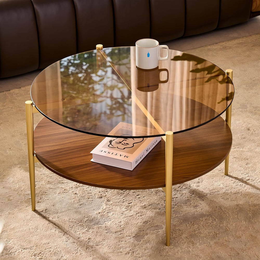 Shrine Round Glass Coffee Table, Mid-Century Modern Design, D30 x H17 in, 2-T...