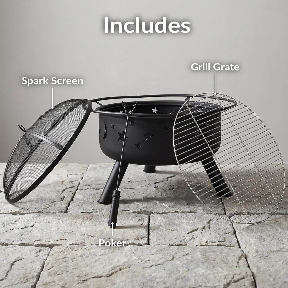 Sunnydaze Cosmic 30" Outdoor Wood Fire Pit with Grill Grate, Steel, Black