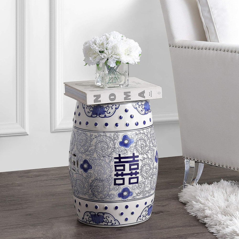 JONATHAN Y Double Happiness Ceramic Garden Stool 18" Table, Blue/White