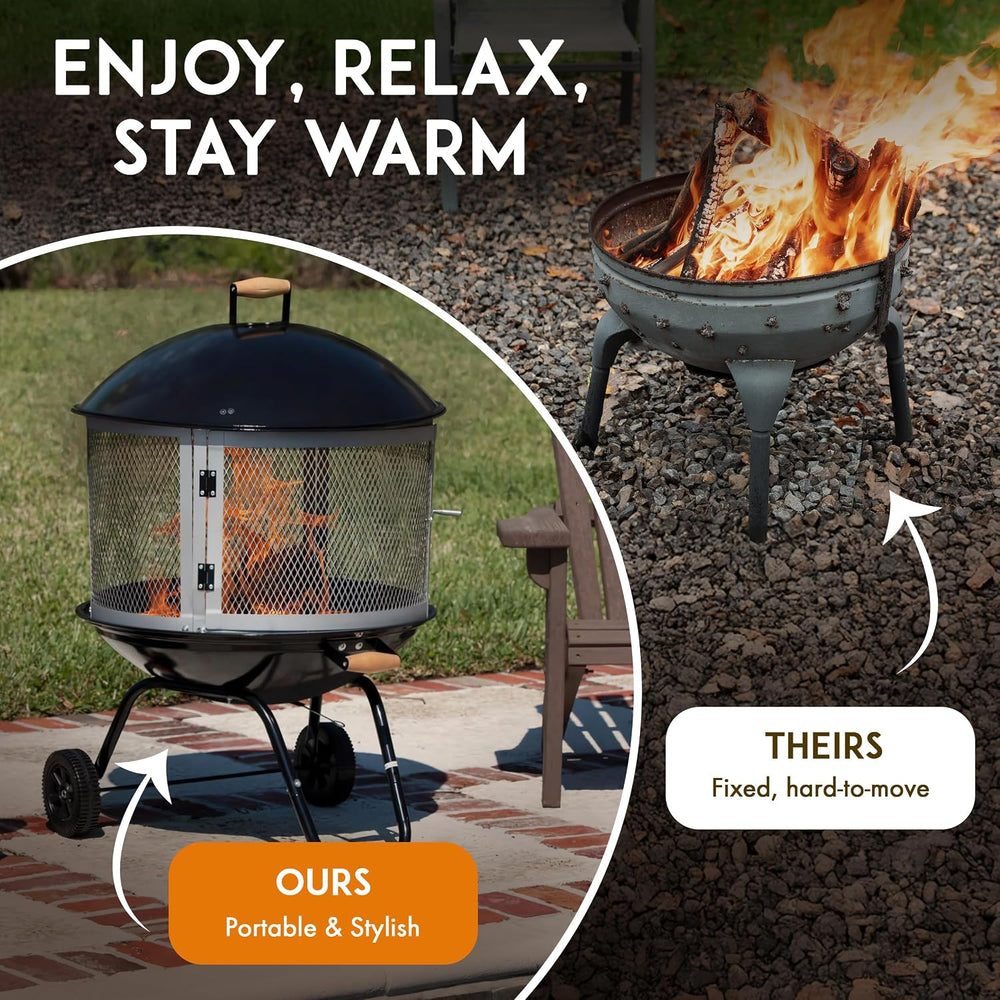 Fire Sense 01471 Fire Pit Bessemer Rolling Patio Fireplace Wooden Bonfire Por...