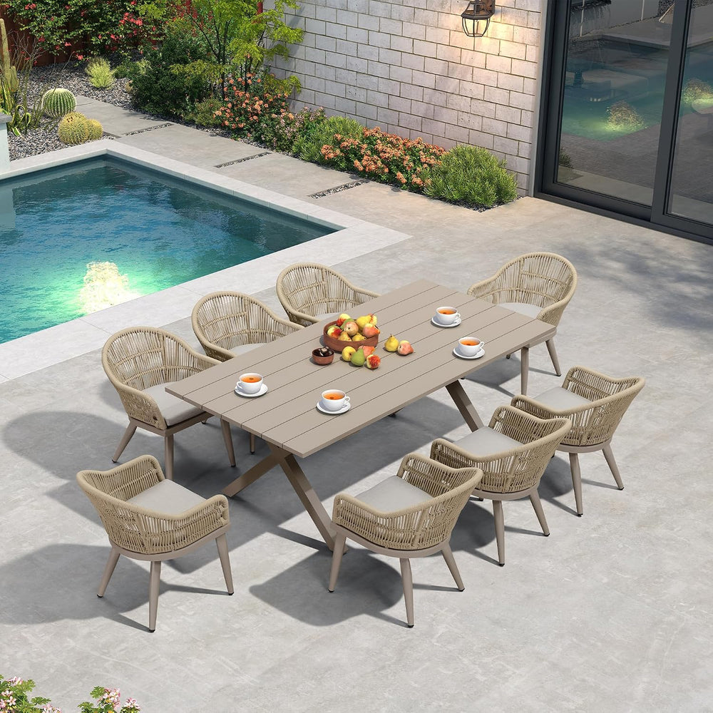 PURPLE LEAF 9 Pieces Outdoor Dining Set with Cushion Wicker, Champagne