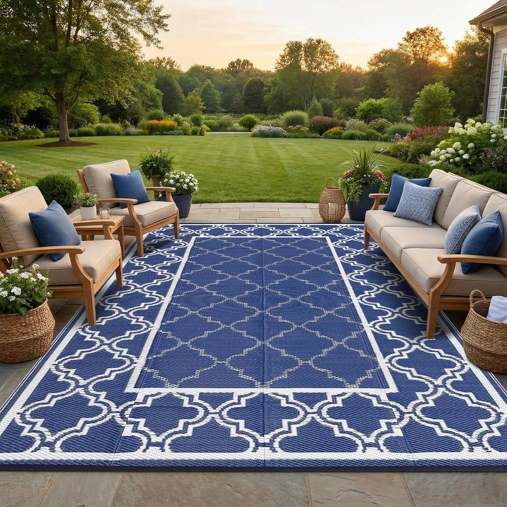 Garvee Reversible Outdoor Rug 6x9, Waterproof Outdoor Plastic Rug, Blue