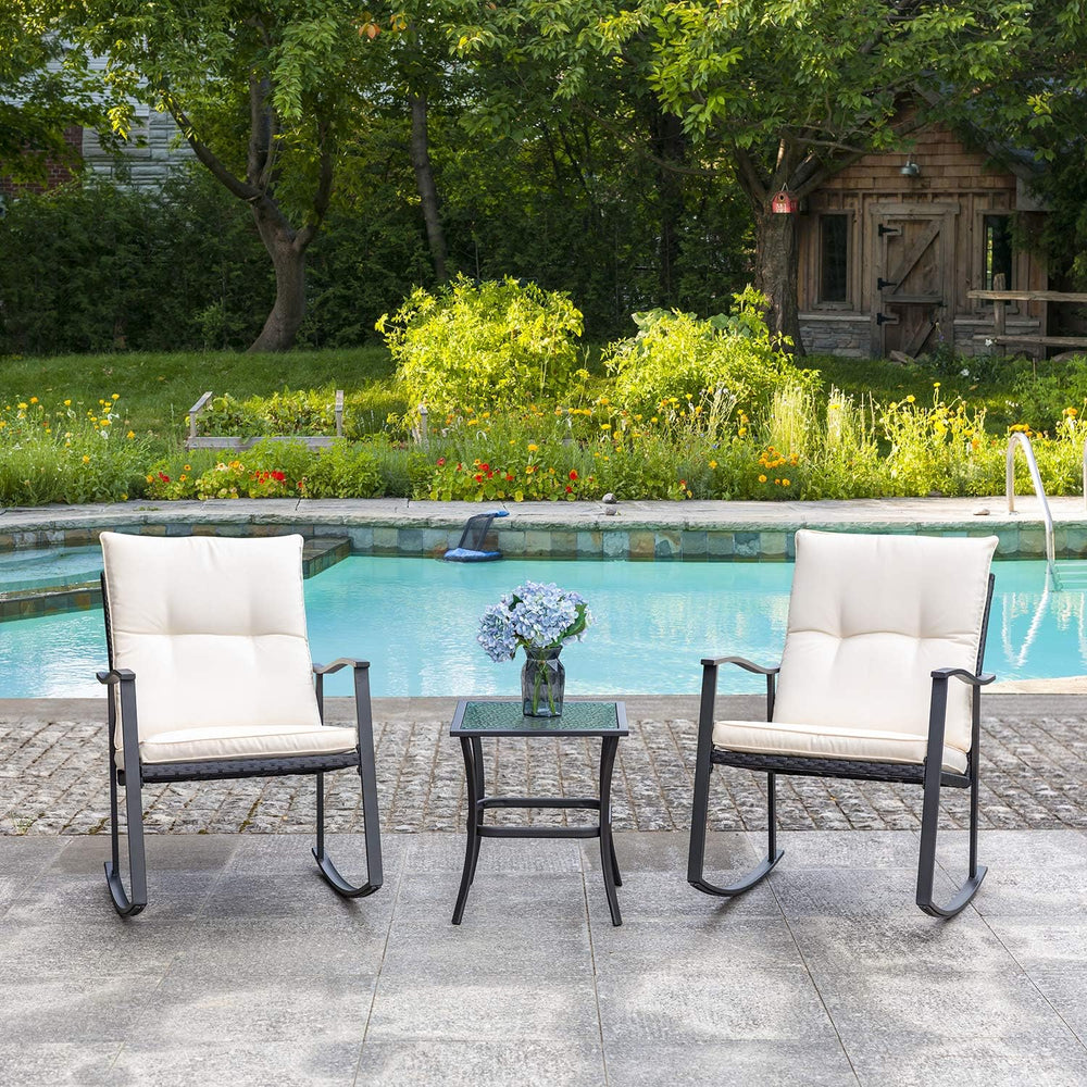 Vongrasig 3 Piece Outdoor Rocking Chair Set, PE Wicker Rattan Small Bistro Se...