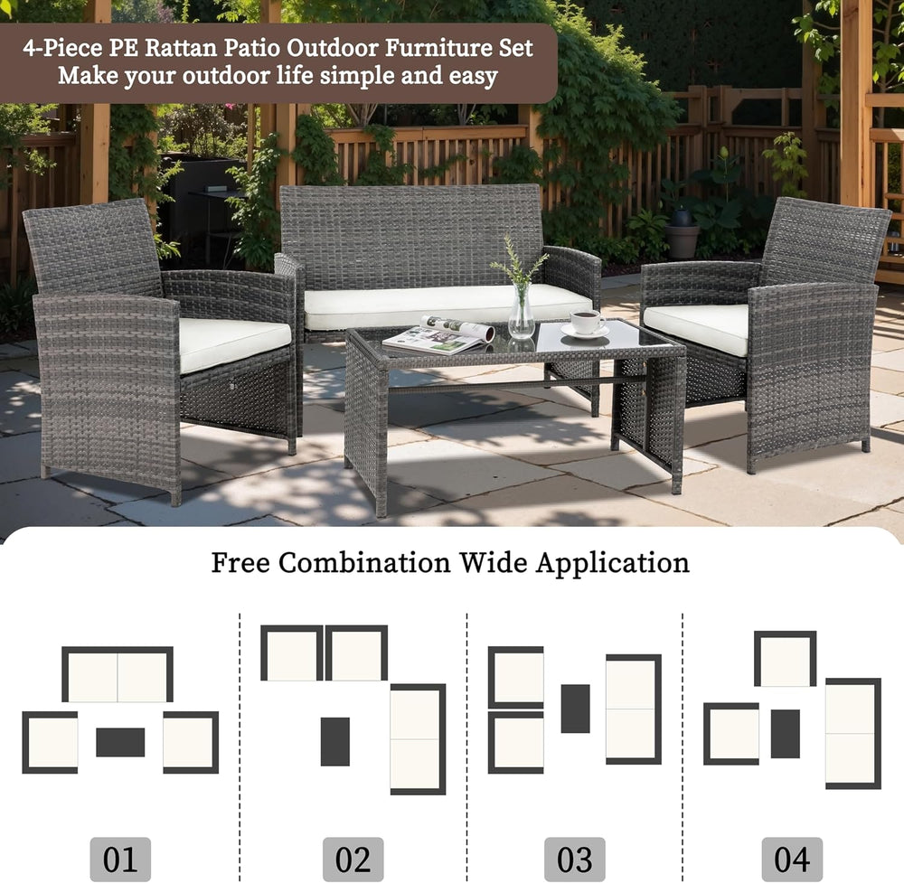 4 Piece Patio Ratten Set Outdoor Furniture Set Wicker Conversation Set with C...