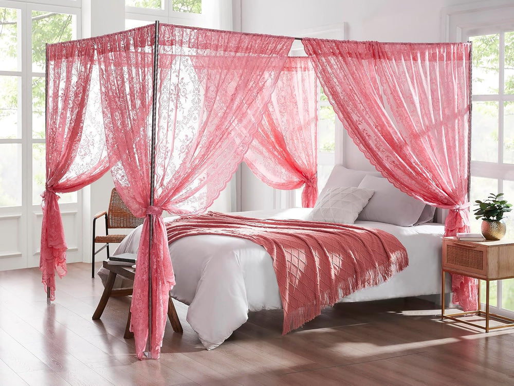 Warm Home Designs Pink Lace Canopy Bed Curtains with Tie-Backs. LC Rose