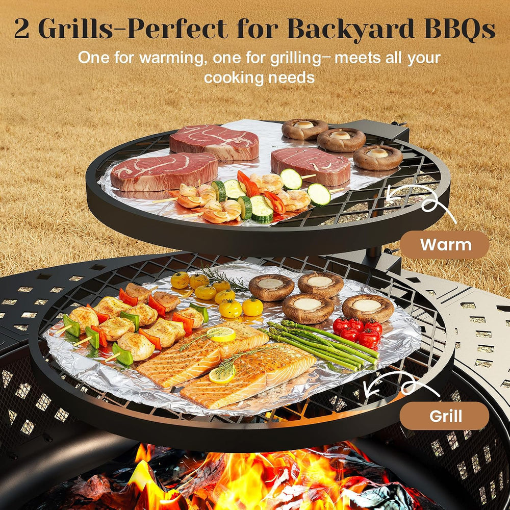 43" Fire Pit for Outside Wood Burning, 3 in 1 Firepit with 2 Grills
