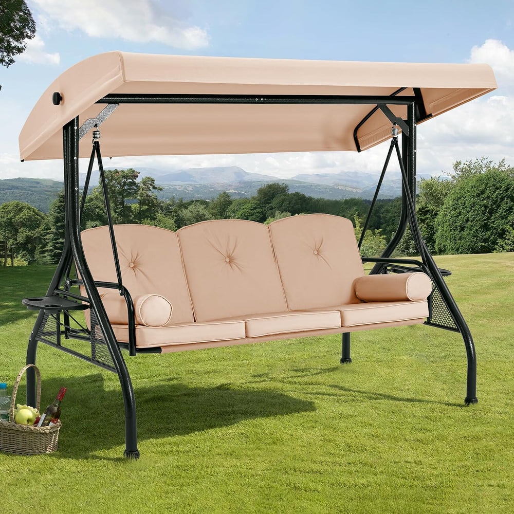 HOMREST 3 Seat Porch Swing with Adjustable Canopy, Patio Swing with Stand