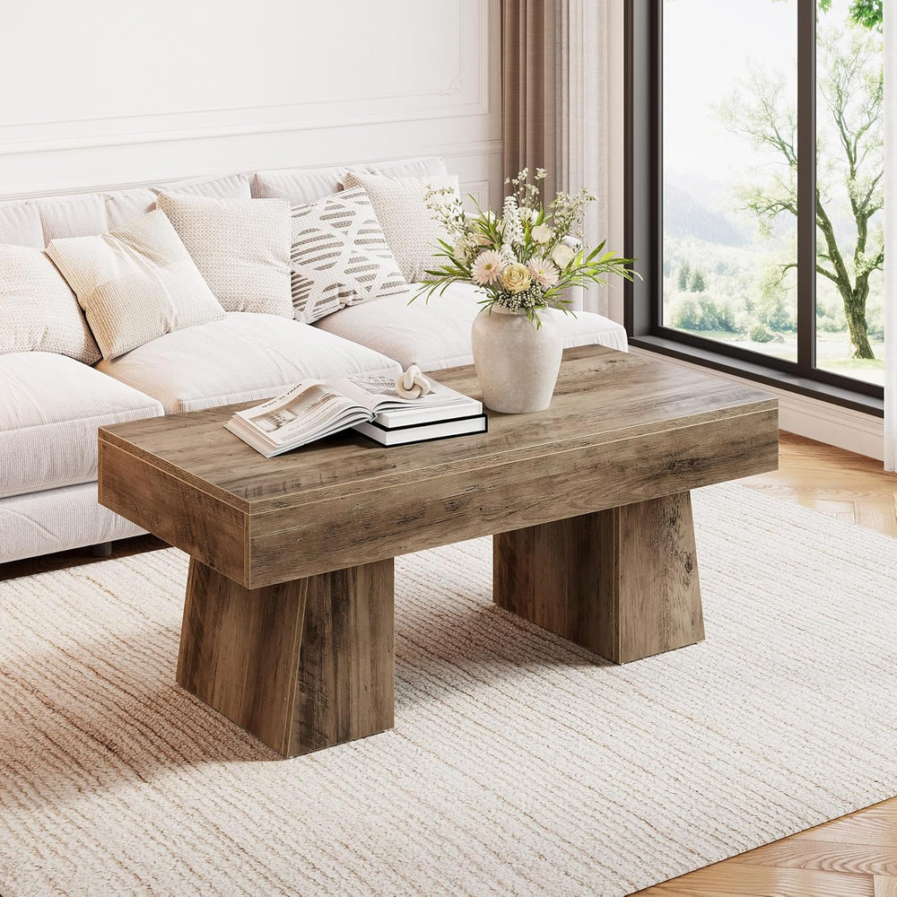 LITTLE TREE Farmhouse Coffee Table, 47 Inches Wooden Rectangular Accent Cente...