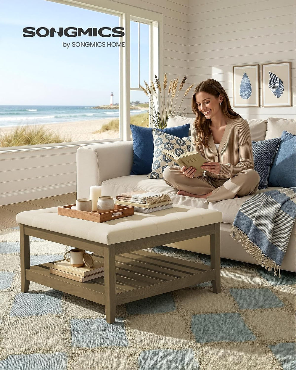 SONGMICS Storage Ottoman with Solid Wood Frame, 31.5 x 31.5 x 17.7 Inches