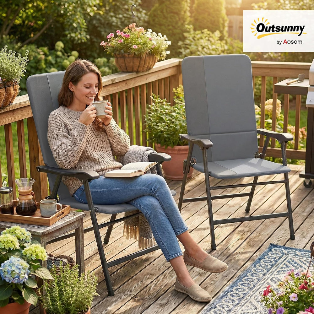 Outsunny Folding Patio Chairs Set of 2 Padded High Back Armrests Light Gray