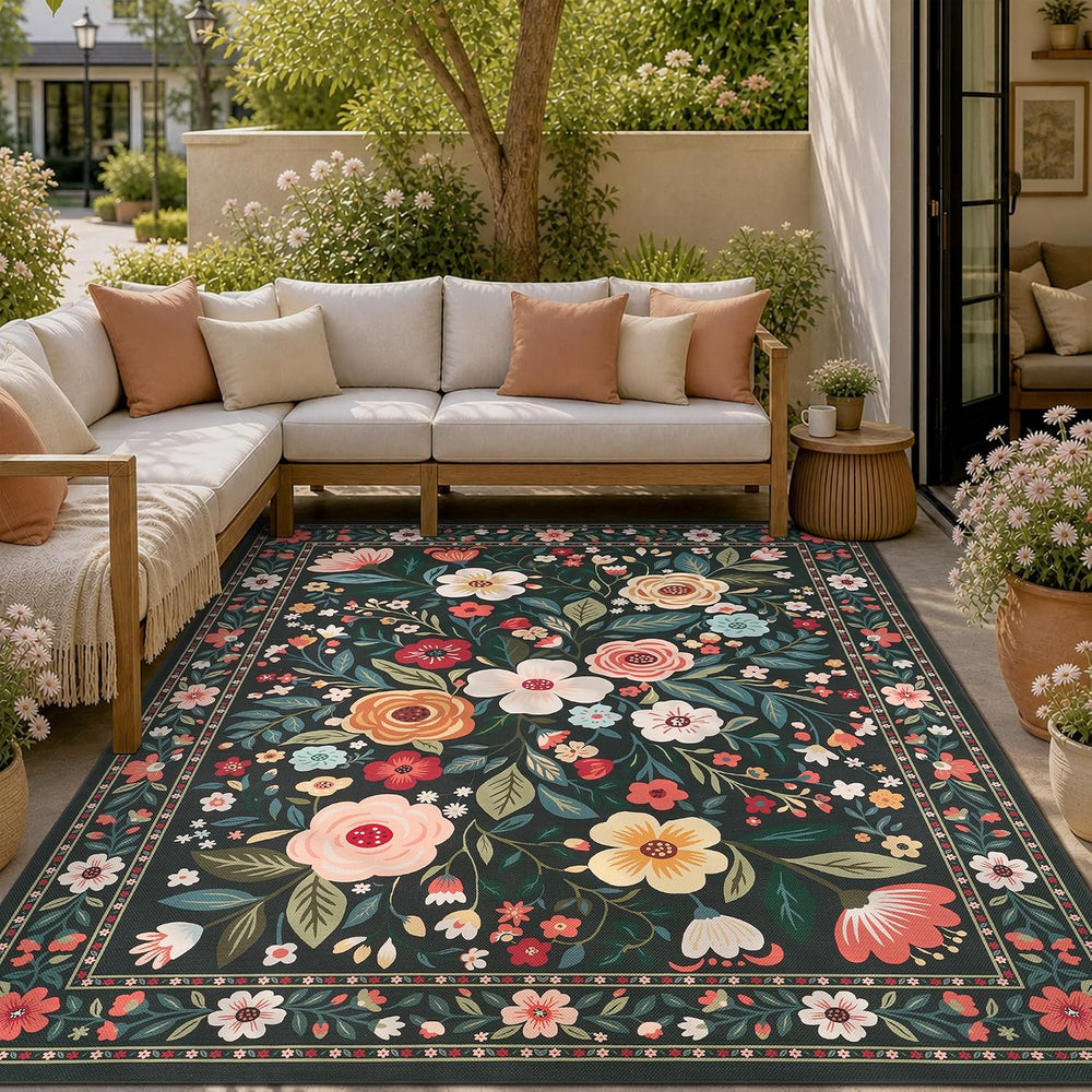 PADOOR Outdoor Rug 5x7 ft, Floral Washable Indoor Outdoor Area Rug, Flat‑Wove...