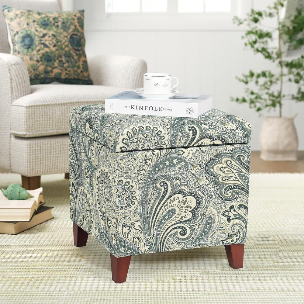 Adeco 18" Cube Storage Ottoman in Blue Paisley, Upholstered Linen Foot S...