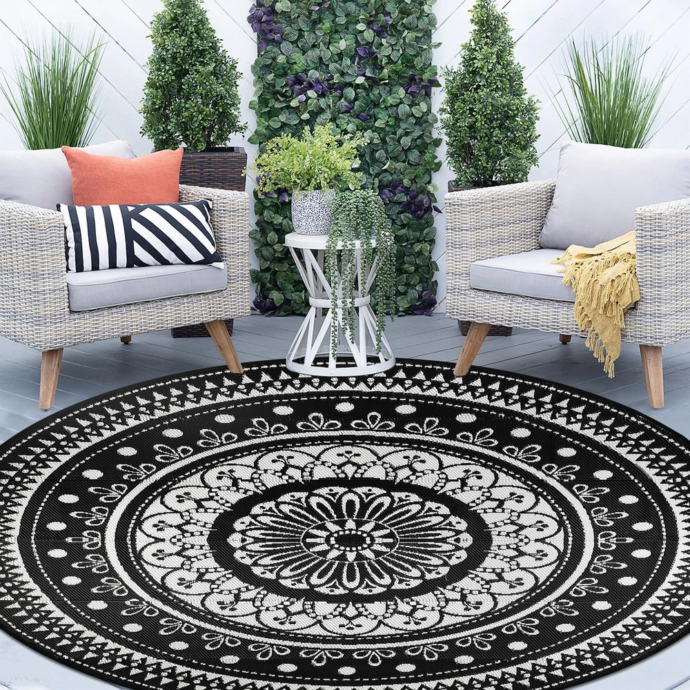 Cekene Round Outdoor Rugs for Patio 8Ft Waterproof Reversible Outdoor Patio R...