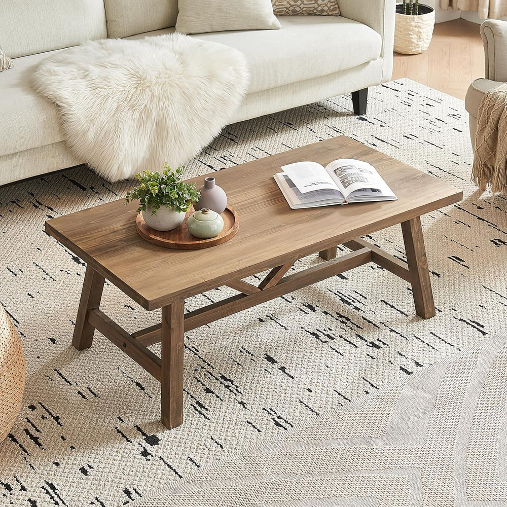 Wnutrees 43" Farmhouse Solid Wood Coffee Table, Rustic Rectangular, Natural