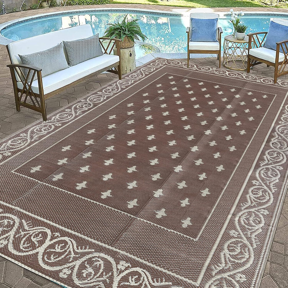 Pauwer Waterproof Outdoor Rug 9x12, Plastic Patio Rug, Bordered Brown