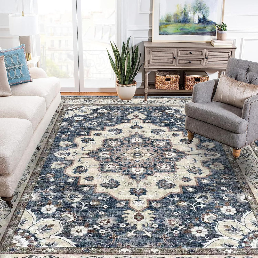 Washable Living Room Area Rug - 9 x 12 Stain Resistant Medallion Soft Bedroom...