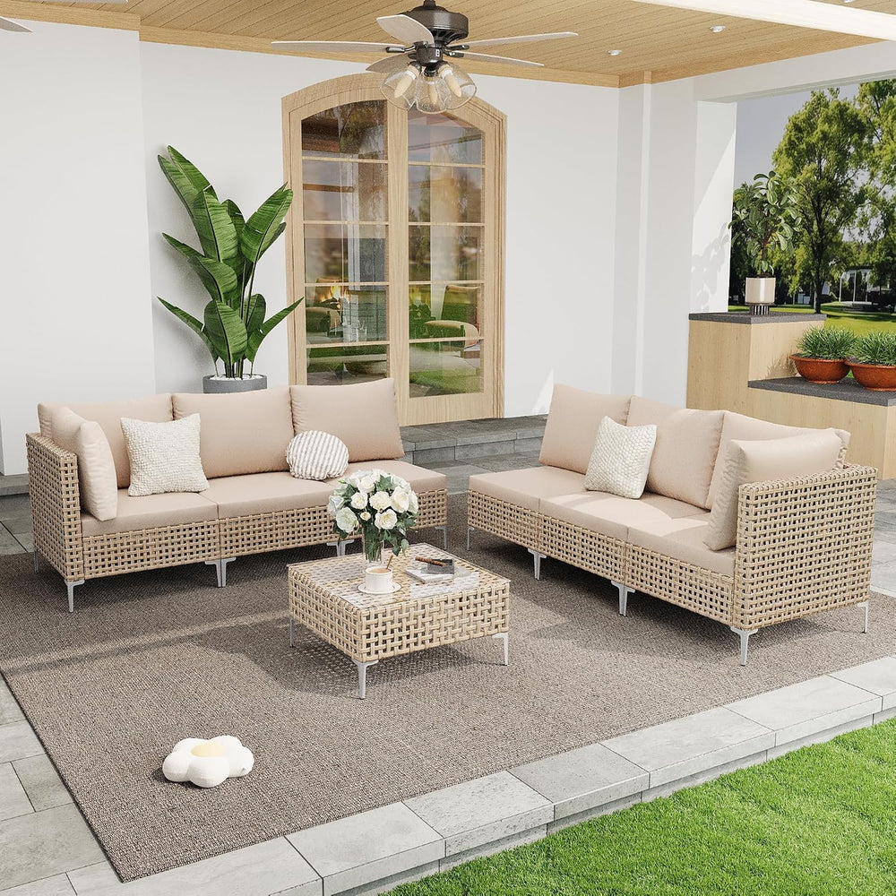 Outdoor Patio Furniture Set with Non-Slip Cushions & Coffee Table- 7 Piece