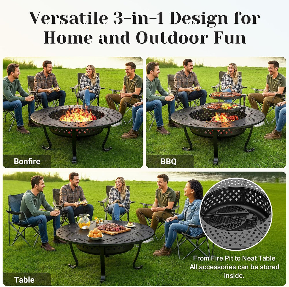 43" Fire Pit for Outside Wood Burning, 3 in 1 Firepit with 2 Grills