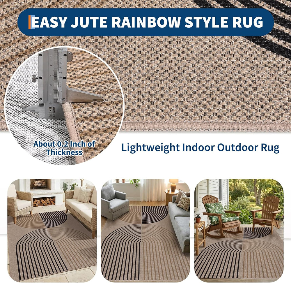 Garvee Outdoor Patio Rug 8x10 Rainbow Washable Easy Jute Rugs, Tan