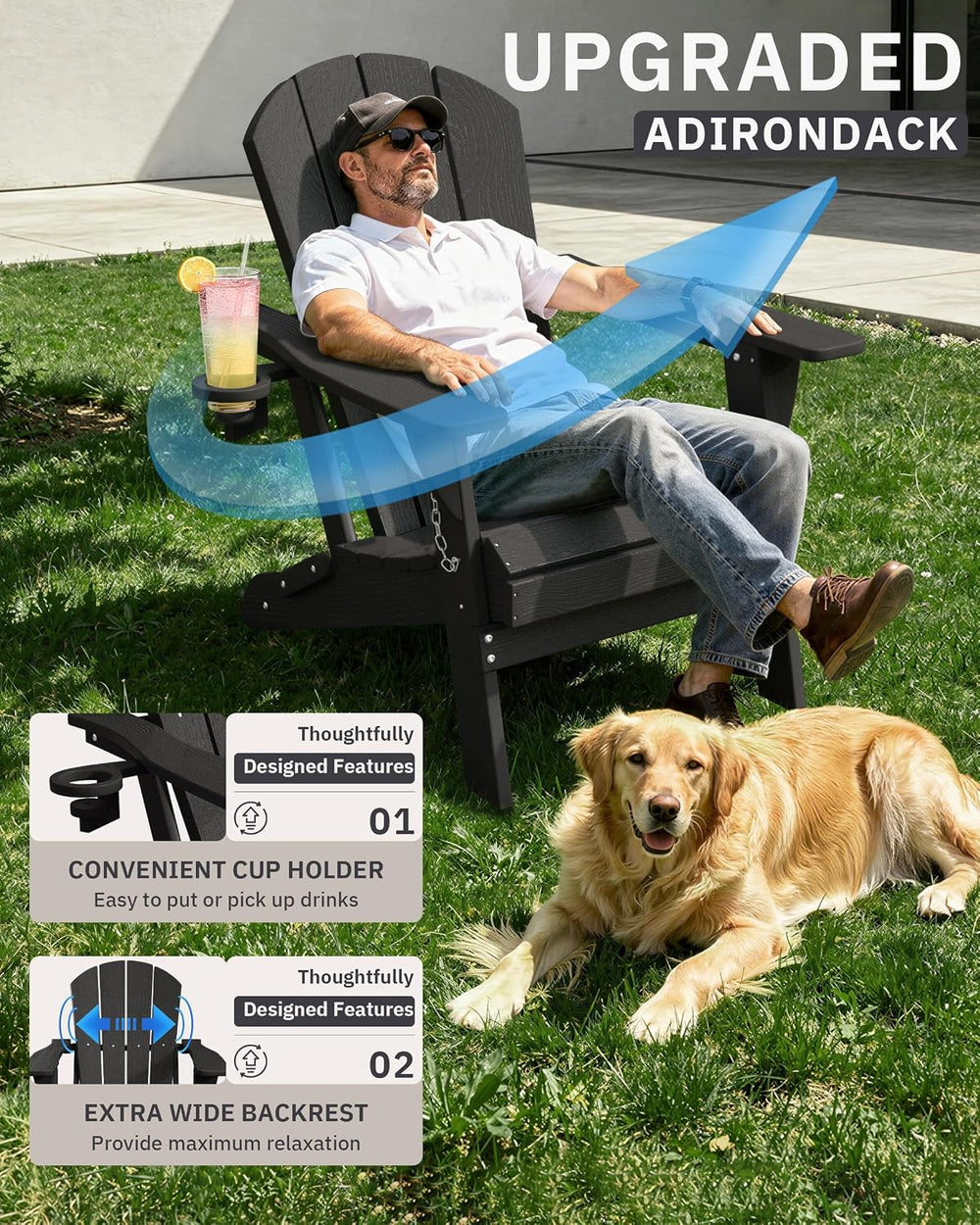 AreShark HDPE Folding Adirondack Chair with Cup Holder, Set of 2, Gray