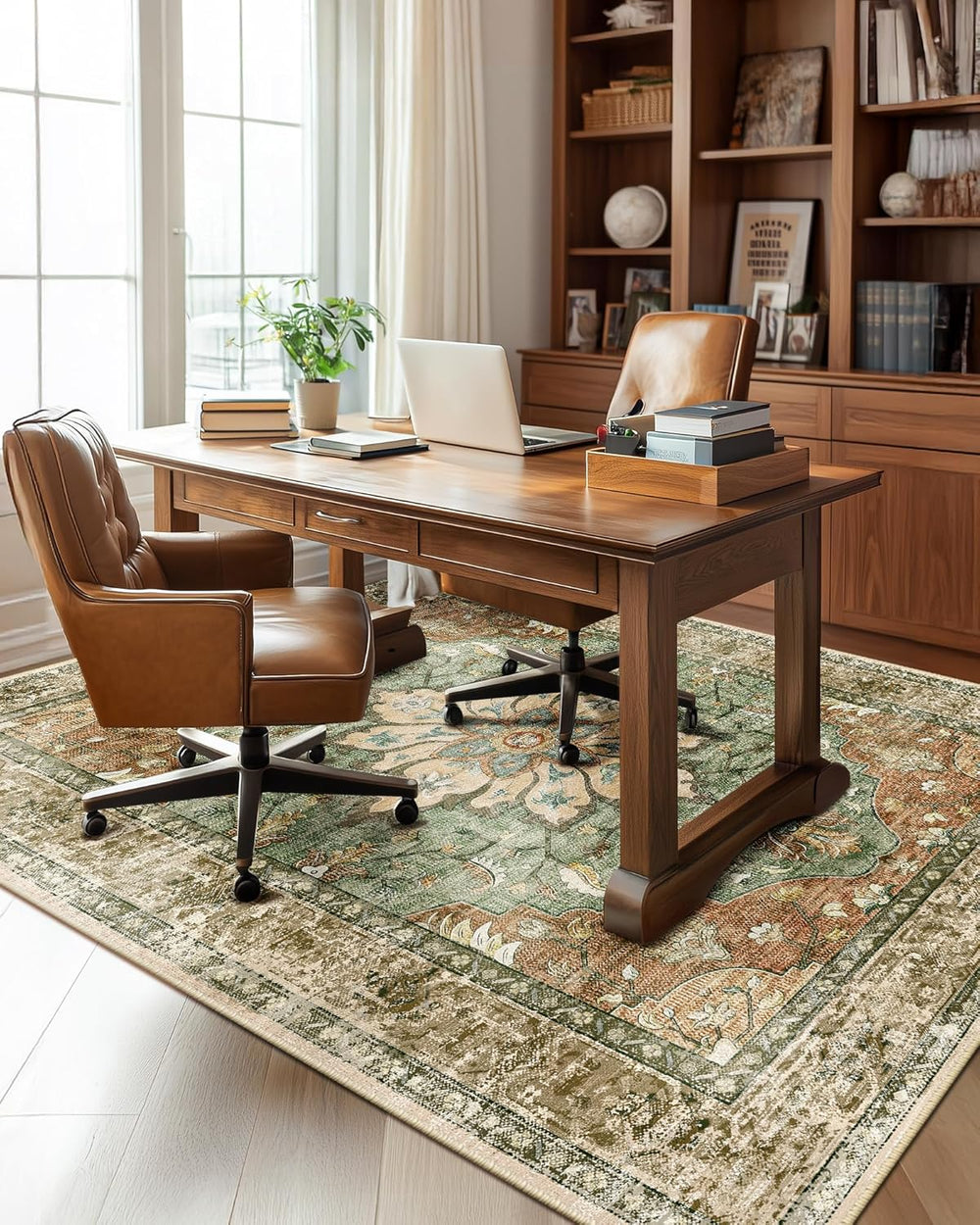 RELEANY Washable Area Rug, 5'x7', Brick/Brown/Green