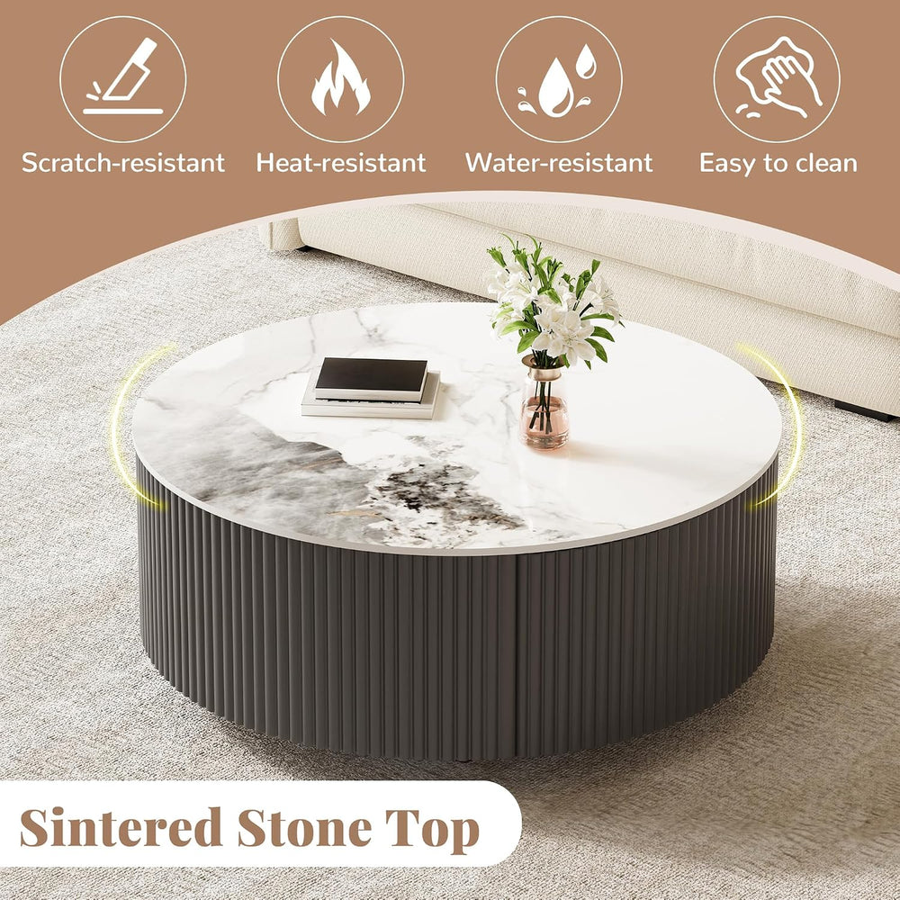 Round Coffee Table with Storage, Modern Movable Coffee Table with Marble Patt...