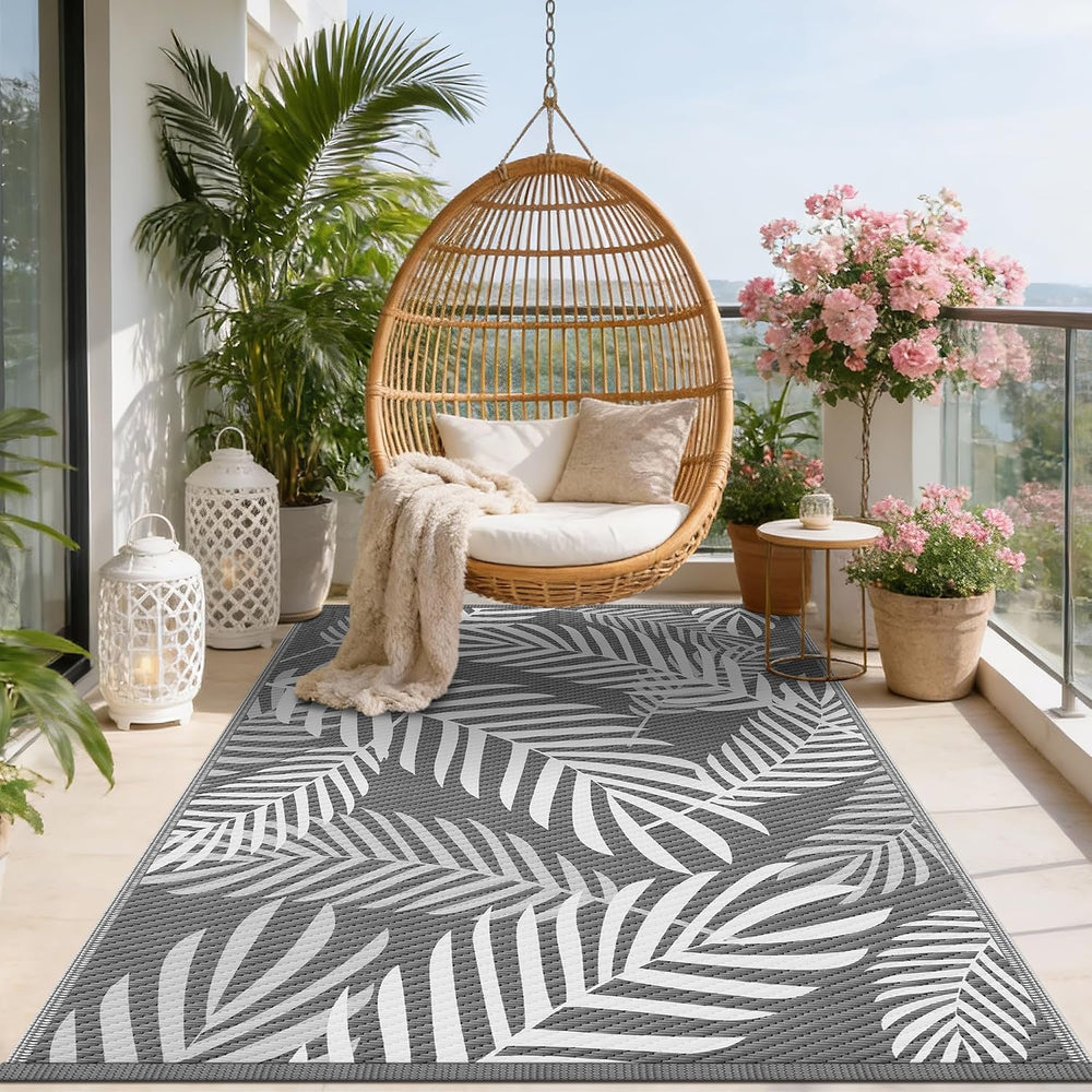 Kohree Outdoor Rug, Leaf, 8x10, Grey & White