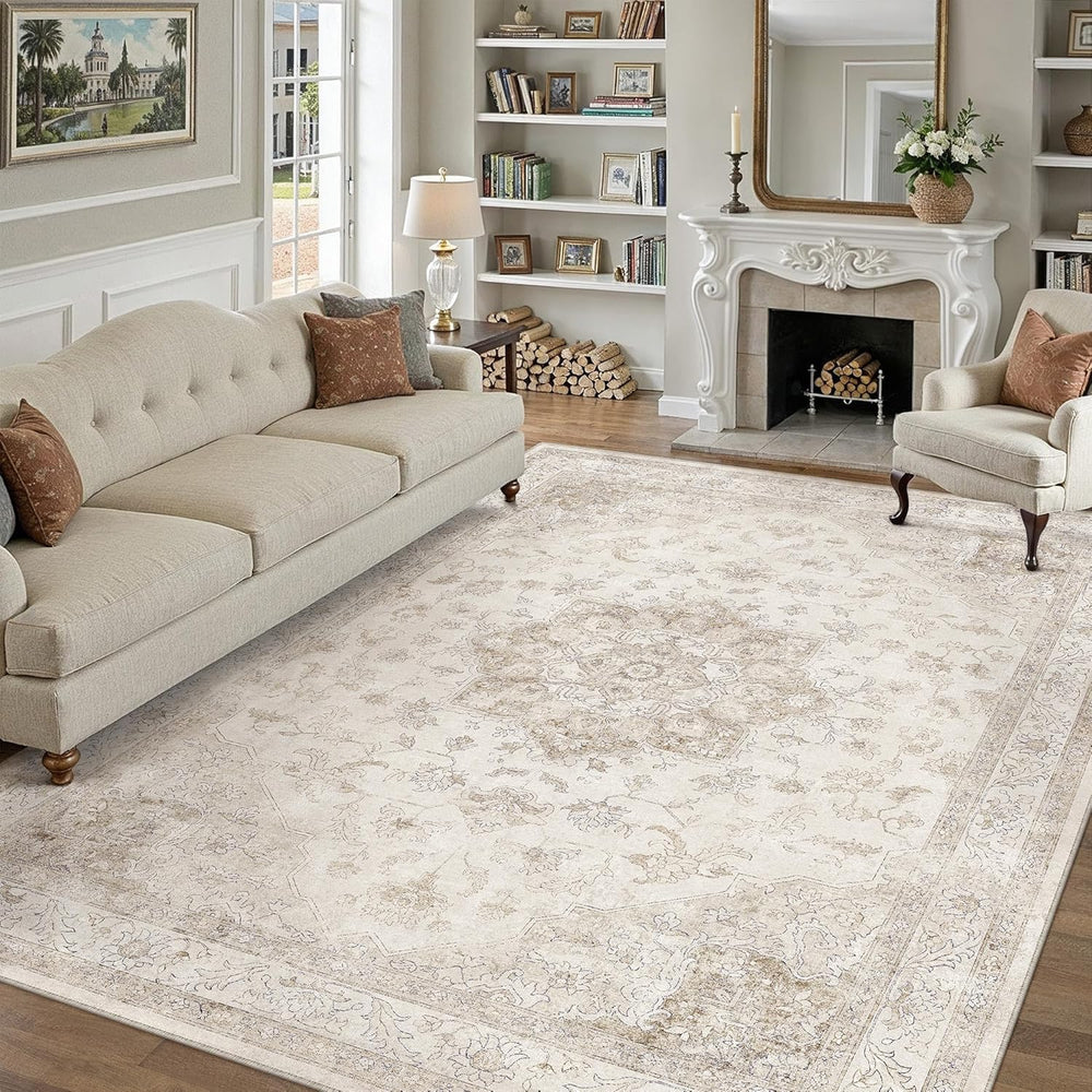 PureCozy Beige 9x12 Washable Area Rug Vintage Oriental Medallion Carpet