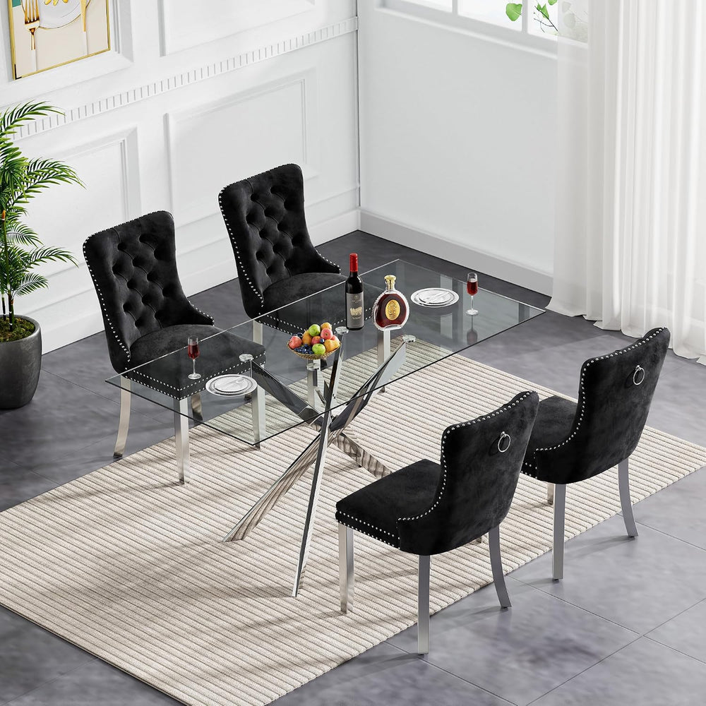 SSLine Modern 5-Piece Silver Glass Dining Table Set for 4 Luxury Rectangle Gl...