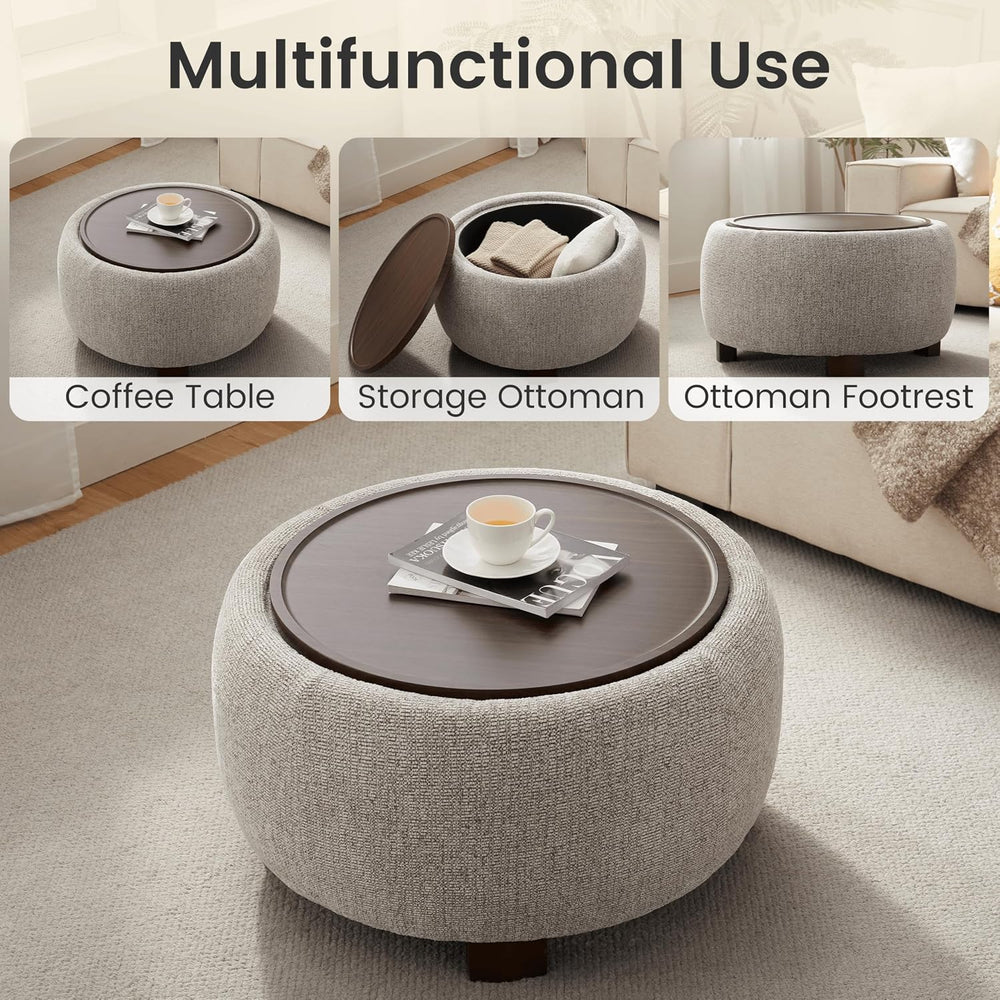 VKNOW 30 Inch Fabric Round Storage Ottoman with Wood Lift-Off Lid, Brown