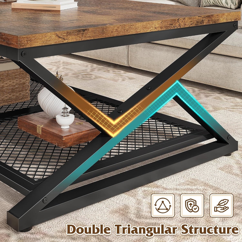 EnHomee Coffee Table, Storage & Shelf, X-Frame Stability, Rustic Brown