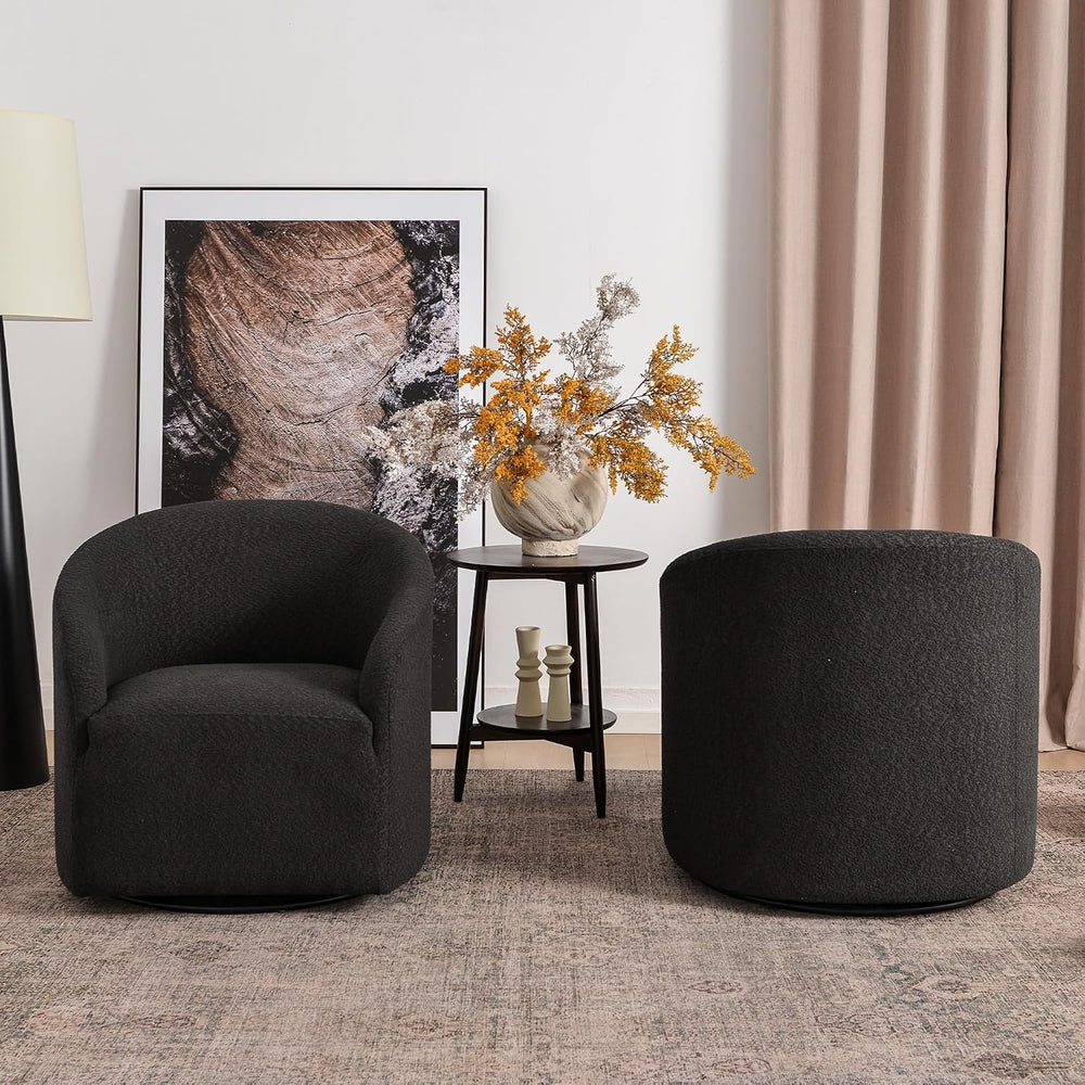 KINWELL 32" Wide No Assembly Boucle Swivel Barrel Chairs Set of 2, Black
