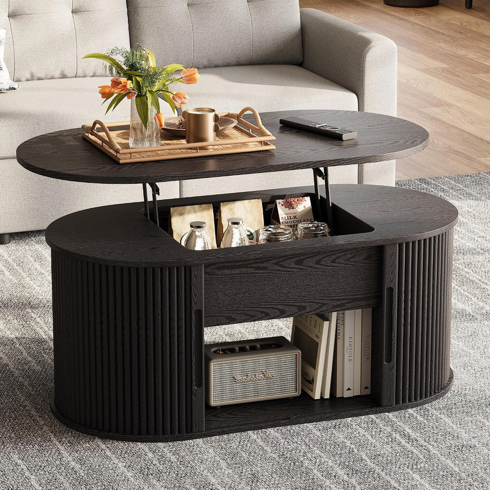 LINSY Lift Top Coffee Table, Oval Fluted Coffee Table with Storage, Mid Centu...