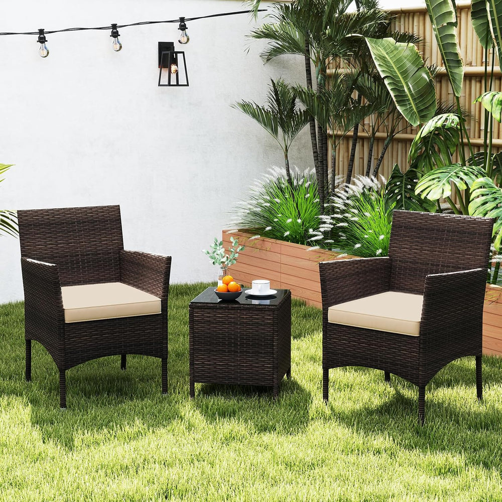 RELAX4LIFE 3-Piece Patio Furniture Set - Rattan Wicker Outdoor Conversation S...