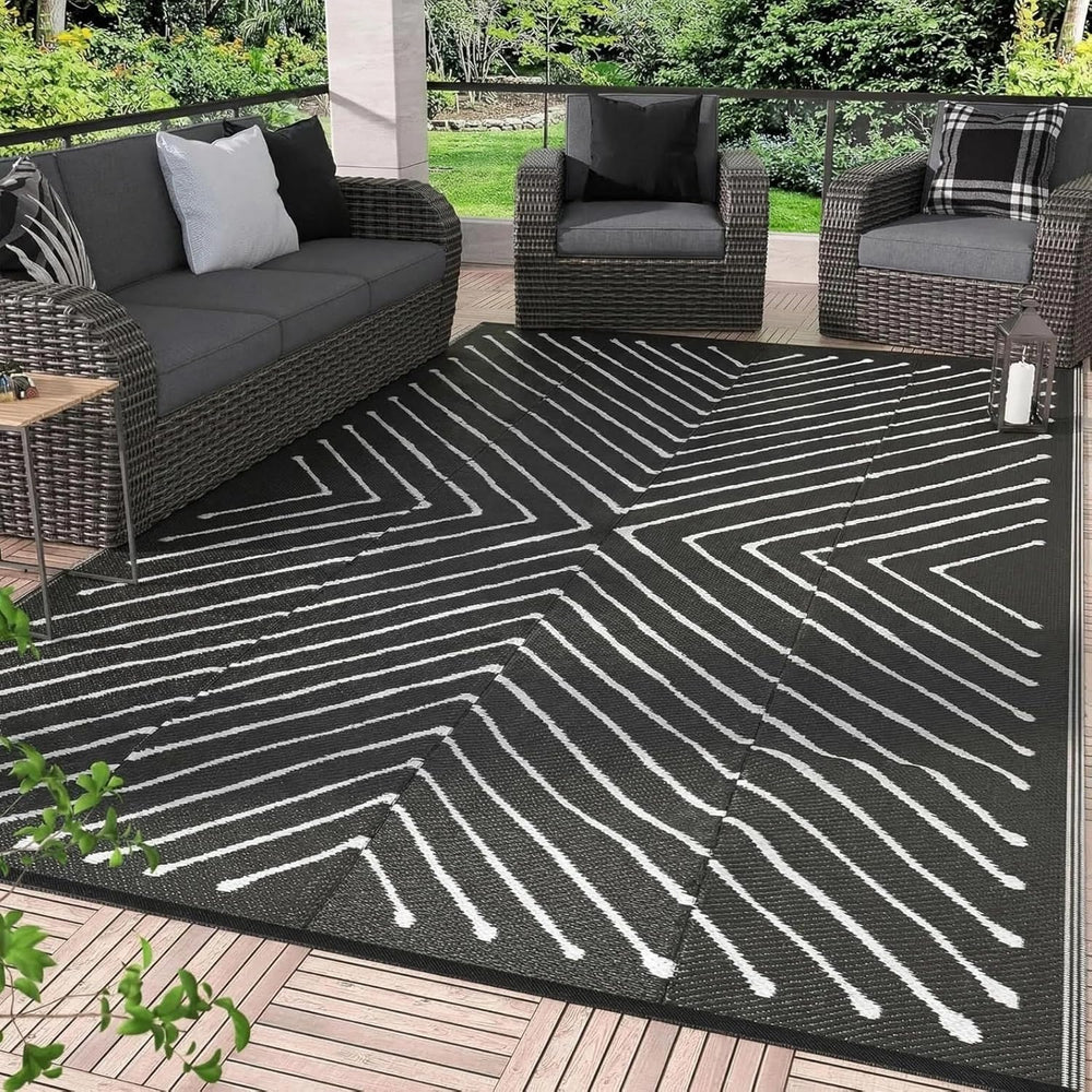Garvee 5x8 Black and White Striped Outdoor Waterproof Rug Reversible Plastic ...