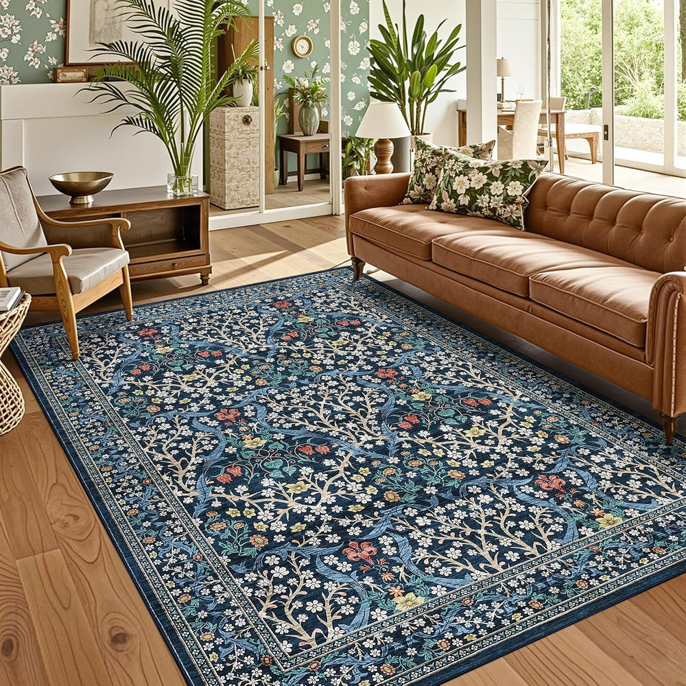 GarveeHome Blue Floral 5x7 Washable Area Rug for Living Room Bedroom