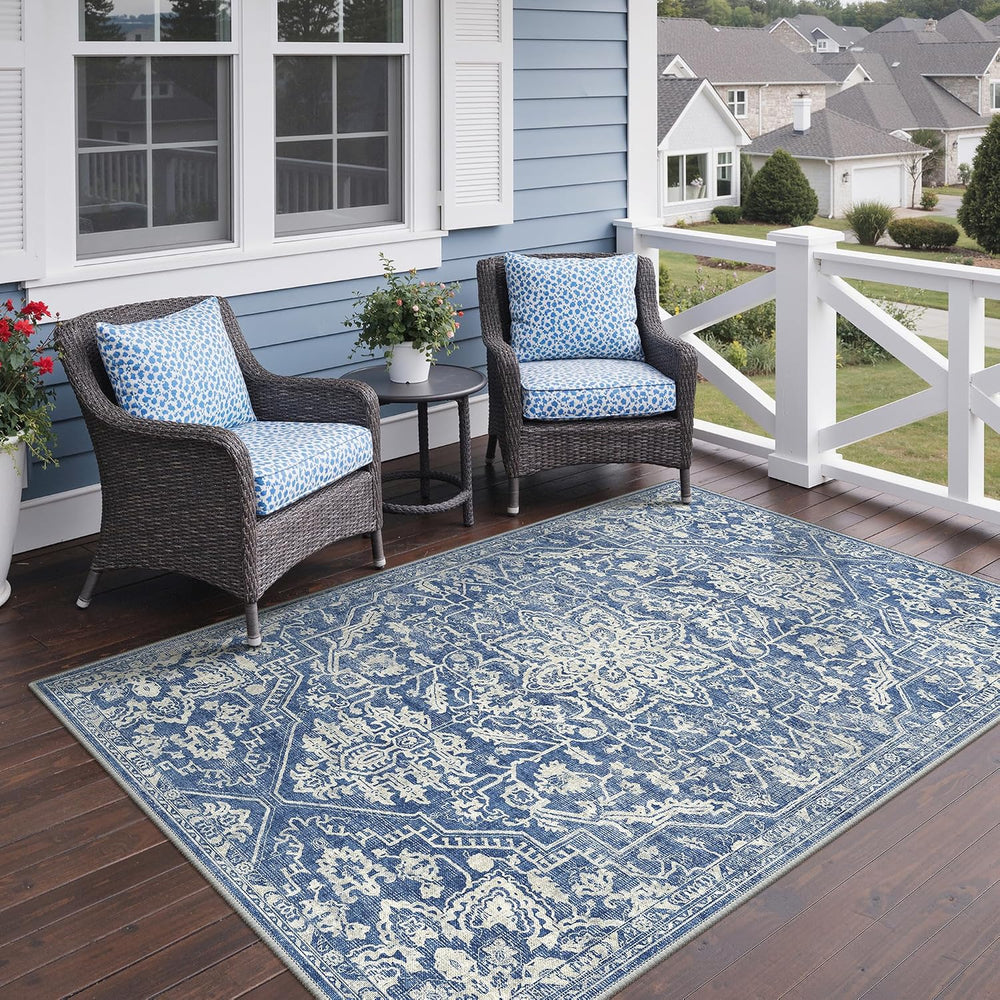 GENIMO 4x6 Outdoor Rug, Washable for Porch and Patio, Navy Blue & Ivory
