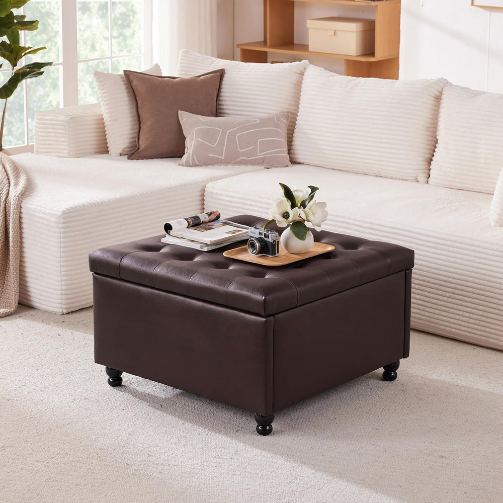 28" Large Square Ottoman with Storage, Leather Ottoman Coffee Table, Brown