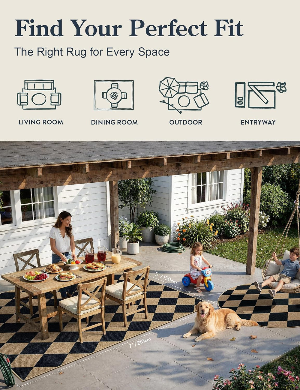 Lahome Checkered Easy Jute 5x7 Area Rugs, Washable Outdoor Patio Rug for Livi...